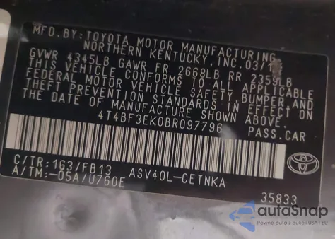 2011 Toyota Camry Le from USA, damaged, VIN 4T4BF3EK0BR097796